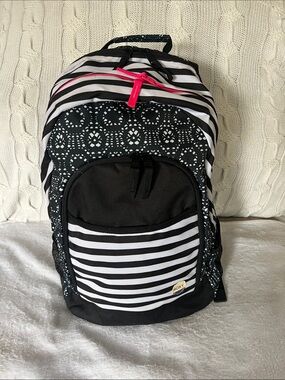 Roxy Black & White Striped Backpack with Pink Zipper Accent
